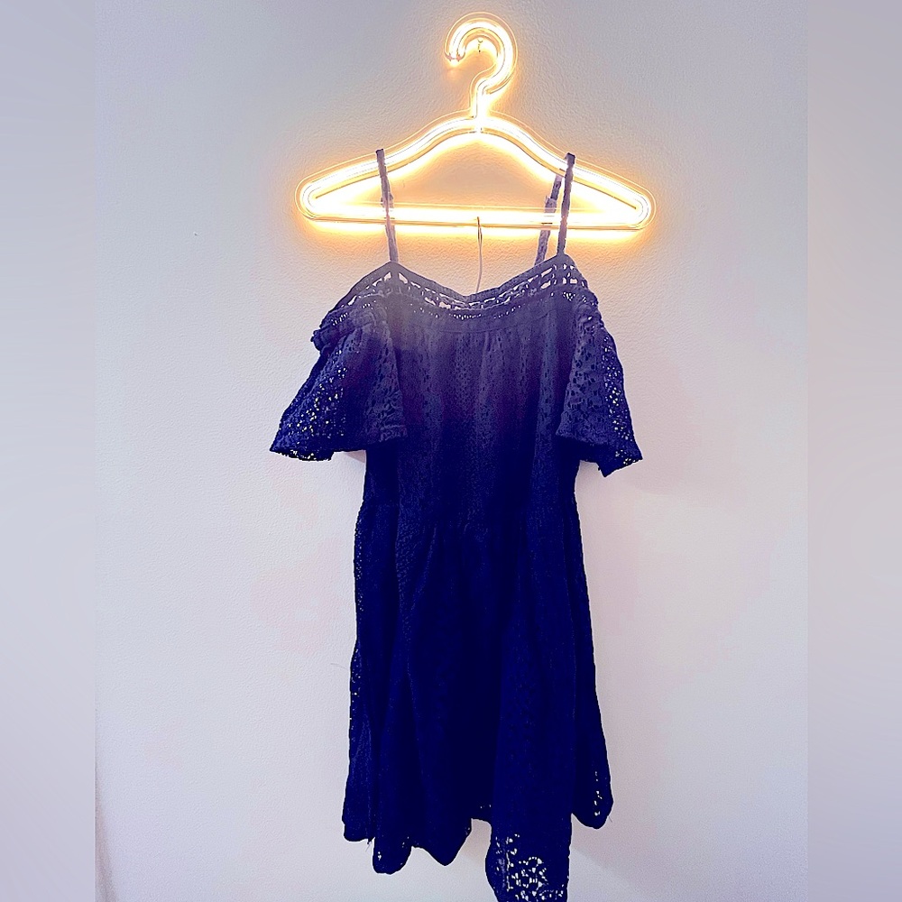 New Boho Navy Blue Floral Lace Cold Shoulder Dress Spring Summer Cute Vacation - Picture 1 of 12